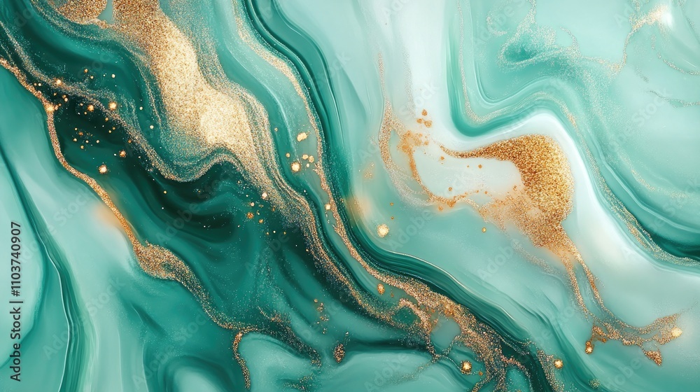 Poster abstract fluid art showcasing diagonal mint green waves mixed with shimmering gold particles, evokin