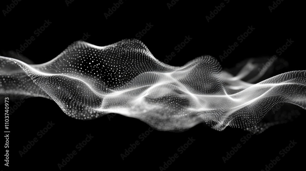 Poster Futuristic abstract waves of particles with a smooth, flowing design, set against a dark background, showcasing intricate patterns of light.