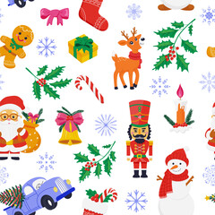 Christmas seamless pattern with Santa, reindeer, snowman, gifts, holly, nutcracker, candy canes, snowflakes, bells, and a decorated car.