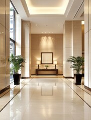 Fototapeta premium A modern, elegant lobby featuring polished floors, soft lighting, and decorative plants, creating a welcoming atmosphere.