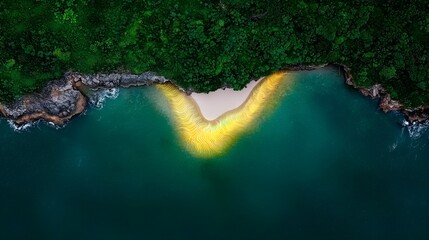 Aerial view of a secluded beach with golden sand patterns