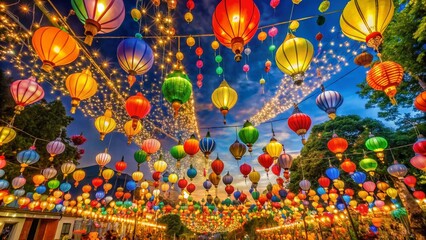 Naklejka premium Nighttime Celebration of Festa Junina with Colorful Paper Balloons Illuminating the Sky in a Festive Atmosphere, Capturing the Spirit of Brazilian Culture and Tradition