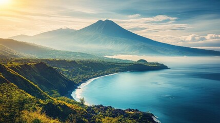 Obraz premium Stunning view of a mountain and ocean landscape, highlighting the natural beauty of the scenery with a captivating foreground. Ideal for showcasing the majestic mountain and serene ocean.