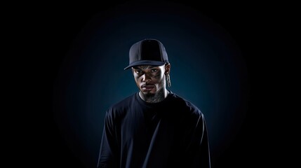 A man with tattoos and a baseball cap lit by a single source, surrounded by darkness