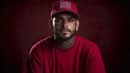 Obraz premium Close-up portrait of a young latino male with lots of facial and neck tattoos. Sitting front view, looking at cmera. Has red baseball cap, red shirt, dark red background. Very fashionable and glamou