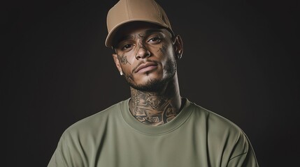 Portrait of a male hip-hop artist wearing a light olive-green t-shirt and beige baseball cap with visible tattoos on neck and upper chest, set against a dark gray background with studio lighting.