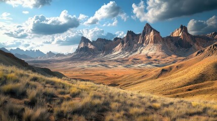 Fototapeta premium Wild West landscape characterized by expansive terrain and mountains in the background, embodying the essence of the wild west with ample space for creative use.