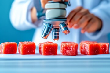 A researcher examines flesh samples under a microscope, showcasing scientific exploration in food safety and quality control.