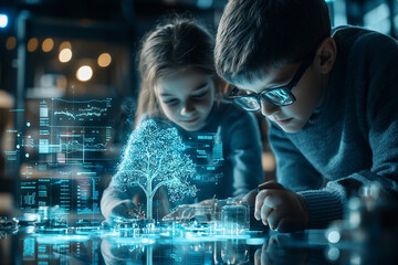 Kids engaging in ai-generated learning technology hub educational content interactive environment close-up viewpoint future concepts