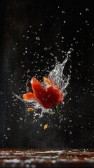 Dynamic Splash of Fresh Red Bell Pepper Captivating Water Droplets in a Dark Setting