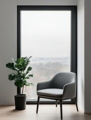 A modern, minimalist corner featuring a gray chair beside a potted plant, framed by a large window offering a serene view.