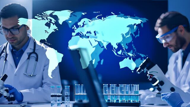 Scientists conducting research in a modern lab with a world map display during a global health study