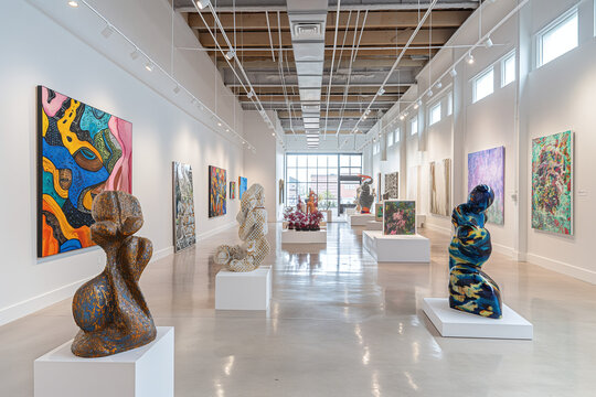 Modern art gallery with high ceilings and white walls, featuring abstract sculptures in a minimalist design.