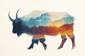 Stunning Double Exposure of a Buffalo with Majestic Mountains and Forest at Sunrise – Nature and Wildlife Concept Image