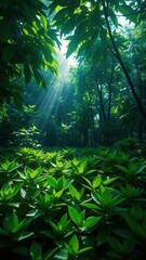A cluster of coffee bean seedlings in a vibrant green forest with sunlight filtering through the leaves, greenery, nature, botanical, foliage