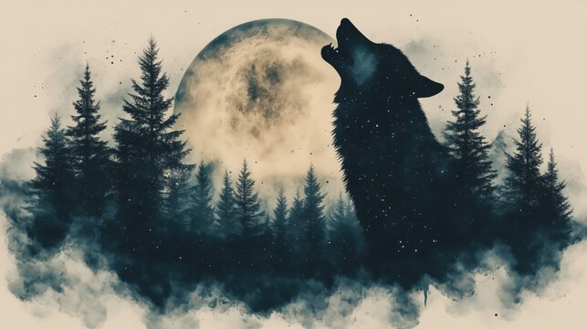A howling wolf silhouette with a luminous moon shining through, filled with a celestial starry night and silhouettes of pine trees in an artistic double exposure technique.