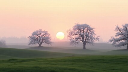 Fototapeta premium Serene Sunrise Over Rolling Hills: Capture the Tranquil Beauty of Nature at Dawn