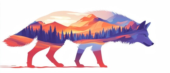 Stunning Double Exposure Art of a Wolf with Scenic Mountain and Forest Landscape at Sunset &acirc;&euro;&ldquo; Nature-Inspired Illustration for Wildlife and Adventure Themes