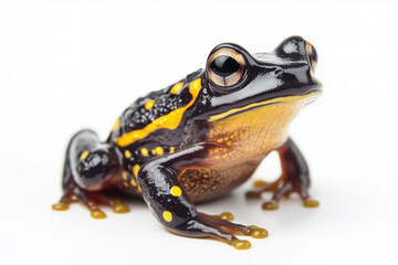 Obraz premium Selective focus colorful frog isolated on white background, Close up shot chubby toad on white, Poisonous frog.