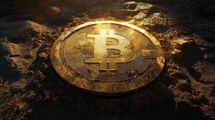 A giant bitcoin embedded in the ground like a sundial