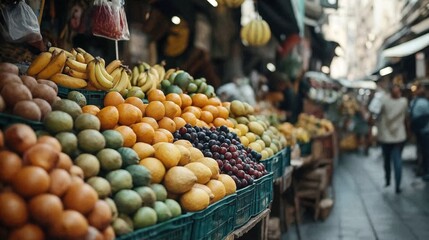 Colorful fruit market stall with bananas, oranges, grapes, and other fruits displayed in baskets on a busy street