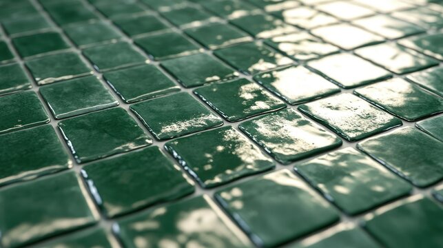 Close-up of shiny glazed square tiles in Minton green color, highlighting a retro textured ceramic mosaic design for a stylish bathroom. Ideal for showcasing interior decor.
