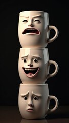 Stacked mugs with expressive faces on black background