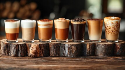 Fototapeta premium Set of coffee drinks in transparent glasses on a wooden board. Dark background.