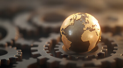 metallic globe representing Earth sits atop interlocking gears, symbolizing industry and innovation. warm glow highlights intricate details of globe and gears, creating captivating visual