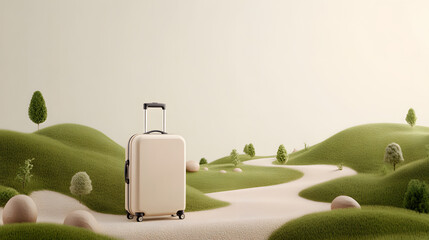 minimalist suitcase placed on winding trail through green hills, evoking sense of adventure and exploration. serene landscape enhances travel theme