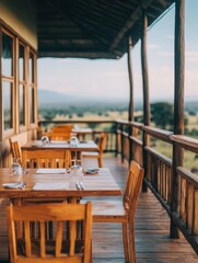A serene restaurant patio featuring wooden tables and chairs, set against a picturesque landscape.