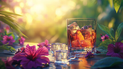 Refreshing summer drink with hibiscus flowers and ice cubes, perfect for warm days. vibrant colors and natural setting create serene atmosphere