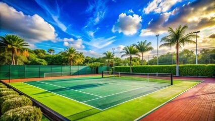 Obraz premium Outdoor Tennis Court: A Stunning Architectural Design Showcasing Modern Sports Facilities Surrounded by Lush Greenery and Open Sky for a Perfect Match Experience