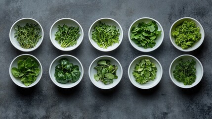 Collection of fresh greens arranged in white enamel dishes, set against a dark concrete background, offering ample copy space for your creative projects. Greens enhancing the aesthetic.