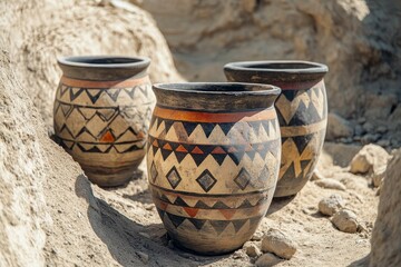 Three ancient, patterned clay pots in desert.