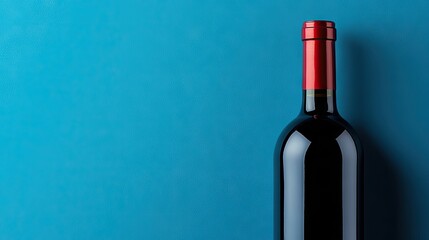 Close-up of a red wine bottle set against a blue background, highlighting the rich color of red wine with ample copy space for text or design elements.