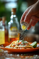 Squeezing lime juice over delicious tacos garnished with fresh ingredients. vibrant colors and textures create appetizing scene perfect for food lovers