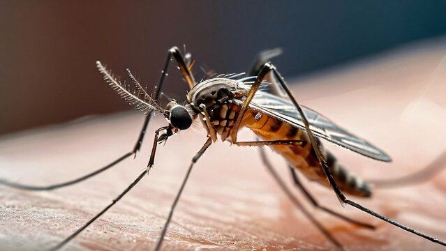 Close-Up of a Mosquito on Human Skin in the Wild, A Detailed Glimpse into Nature's Tiny Predator
