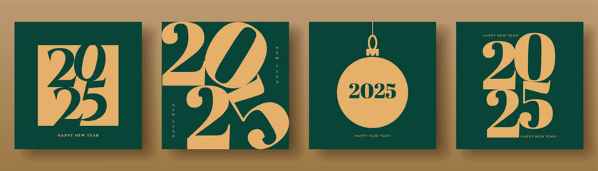 2025 typography creative concept. Happy New Year set with gold numbers on green background. Minimalistic trendy design template for branding, banner, poster, cover, card, social media
