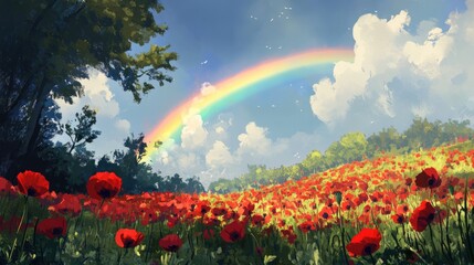 Rainbow arching over a lush field of vibrant red poppies after rainfall, with a backdrop of fluffy white clouds and a clear blue sky.