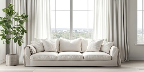 A comfortable white sofa situated near the window, adorned with white curtains that allow in plenty of natural light, creates a bright and inviting atmosphere.