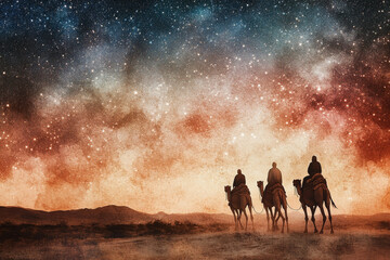 Fototapeta premium The three Magi on their camels, traveling through the desert on their way to Bethlehem, the scene captured in a beautiful watercolor style, with the vast desert landscape and starry sky overhead
