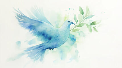 Watercolor illustration of a blue dove carrying an olive branch, symbolizing peace, harmony, hope, and unity, with soft green and blue tones on a light background