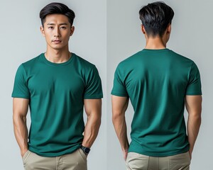 Male Model in Green T-Shirt Posingfront and Back with Plain Background for Fashion, Apparel, and Product Photography Showcase