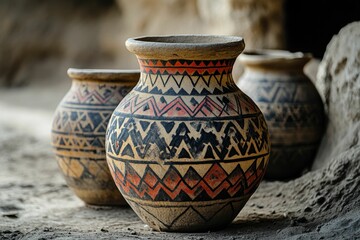 Three ancient painted clay pots, earthen ground.