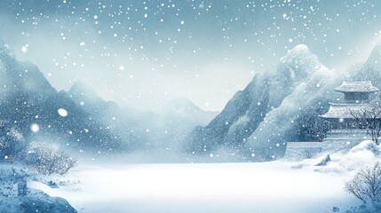 Snowy mountain landscape illustration showcasing heavy snowfall, serene natural scenery ideal for backgrounds or poster designs.