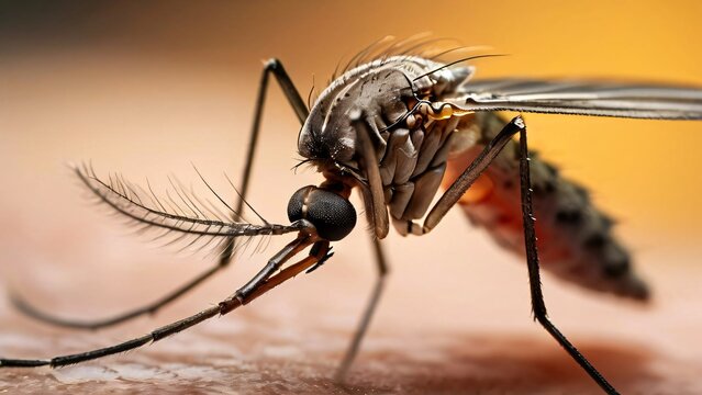 Close-Up of a Mosquito on Human Skin in the Wild, A Detailed Glimpse into Nature's Tiny Predator
