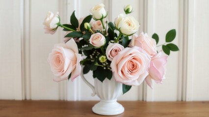 Obraz premium Elegant Pink Roses in White Vase on Wooden Table - Perfect for Home Decor, Gifts, or Special Occasions