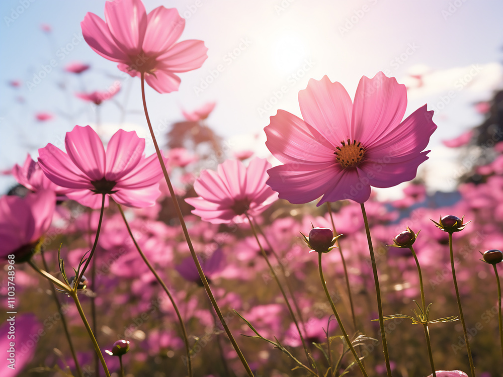 Wall mural gorgeous pink cosmos flowers covering the entire field creating a stunning view