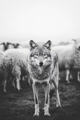 Fototapeta premium Majestic Wolf Stands Guard Among Sheep: Powerful Black and White Wildlife Photography for Nature, Conservation, and Animal Instinct Themes